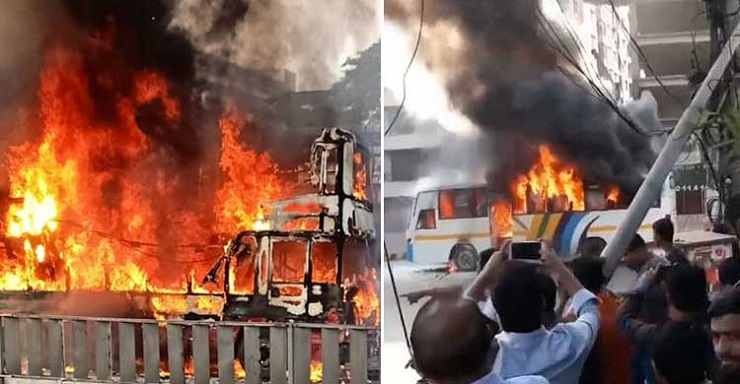 রাজধানীতে হঠাৎ দুই বাসে আগুন