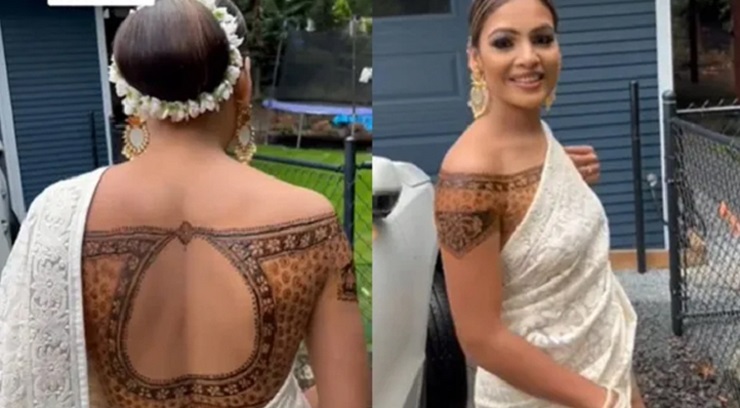 কাপড়ের বদলে মেহেন্দির ব্লাউজ পরলেন তরুণী যে কারনে!