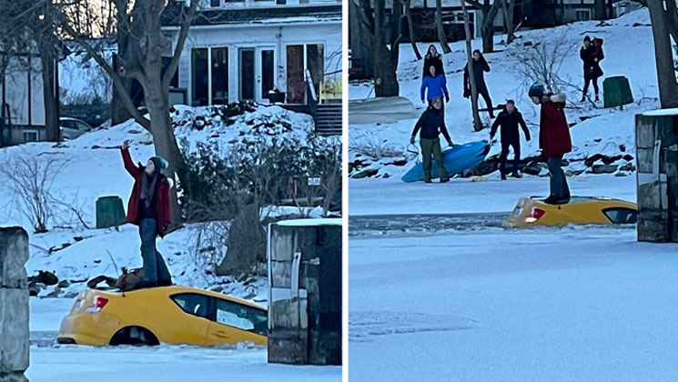 ডুবন্ত গাড়ির ছাদে দাঁড়িয়ে তরুণীর সেলফি! (ভিডিও)