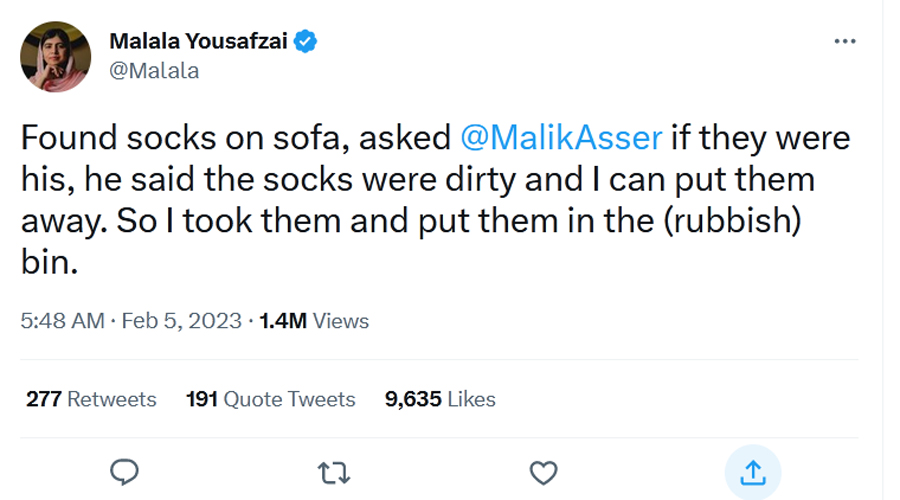 স্বামীর নোংরা মুজো নিয়ে যে কাণ্ড ঘটালেন নোবেলজয়ী মালালা!  